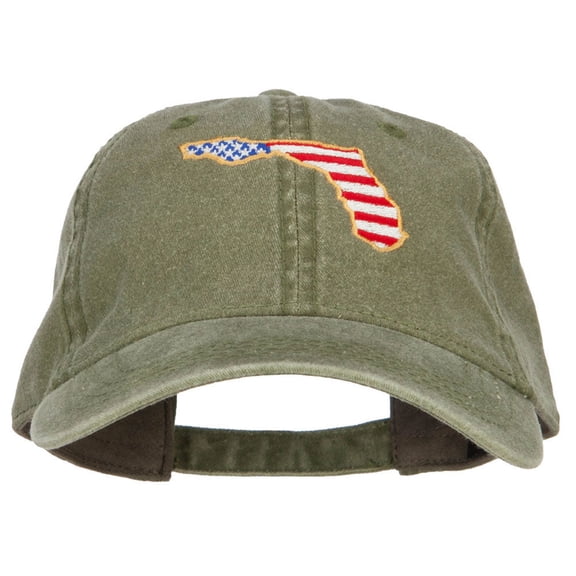 USA Flag Florida Map Embroidered Washed Buckle Cap - Olive OSFM