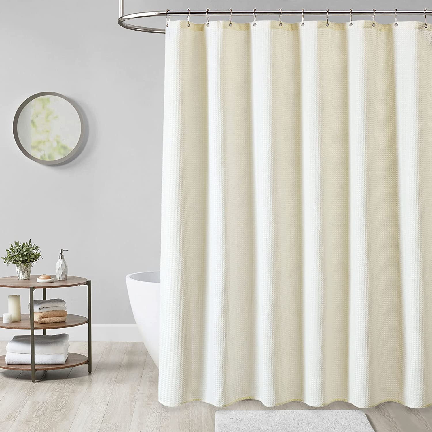 Extra Wide Shower Curtain - 84 Inch Wide Waffle Weave Weighted Thick Cloth Bathroom Shower Curtain, Neutral Heavy Duty Hotel Bath Curtain Set with 14 Plastic Hooks, 84x72, Cream/Ivory