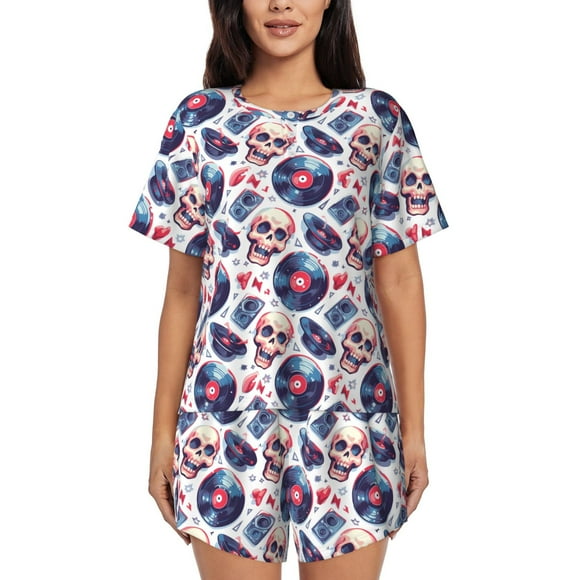 Fotbe record rock music Skull Conjunto de Pijama Estampado para Mujer, 2 Piezas, Ropa de Dormir con Camiseta de Manga Corta y Shorts Suaves-Large