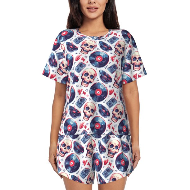 Fotbe record rock music Skull Conjunto de Pijama Estampado para Mujer, 2 Piezas, Ropa de Dormir con Camiseta de Manga Corta y Shorts Suaves-Large