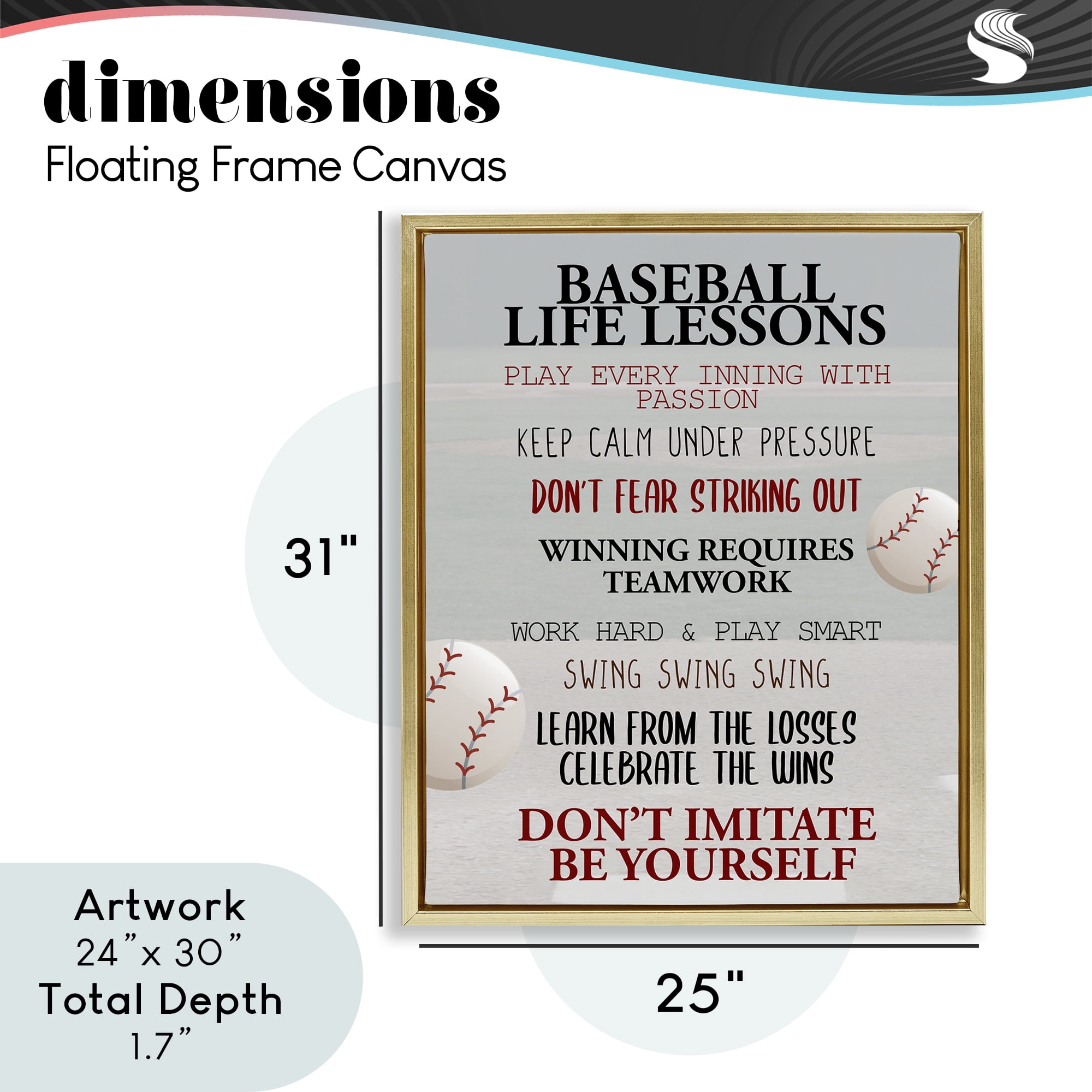 Baseball Life Lessons Gold Framed Floater Canvas Wall Art, design by Kim Allen