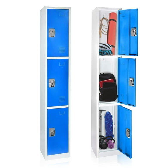 AdirOffice Large School Locker with 3 Doors 3 Hooks Storage Locker for Garage Storage - Office Storage Lockers, (3 Door, Blue)