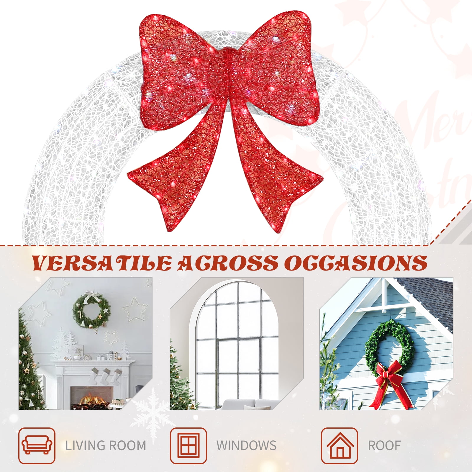 36in Pre-lit Outdoor Christmas Wreath Decoration, Lighted Metal Wreath with Red Bow, Remote Control LED Lights with Timer, for Front Door Gate Wall Indoor Outdoor Holiday Party, White
