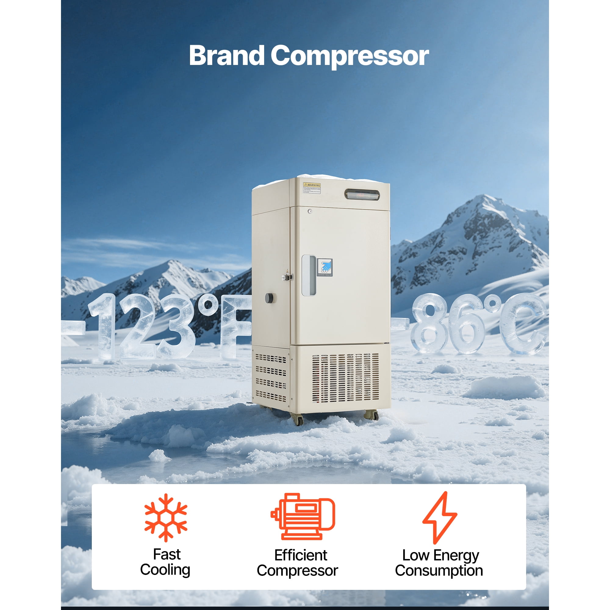 KFFKFF Ultra Low Temperature Freezer, 28 L, Adjustable −40℉ to −123℉ Range, with Rollers and Digital Display, 304 Stainless Steel Interior, Low Temp Freezer for Laboratory Sample Storage