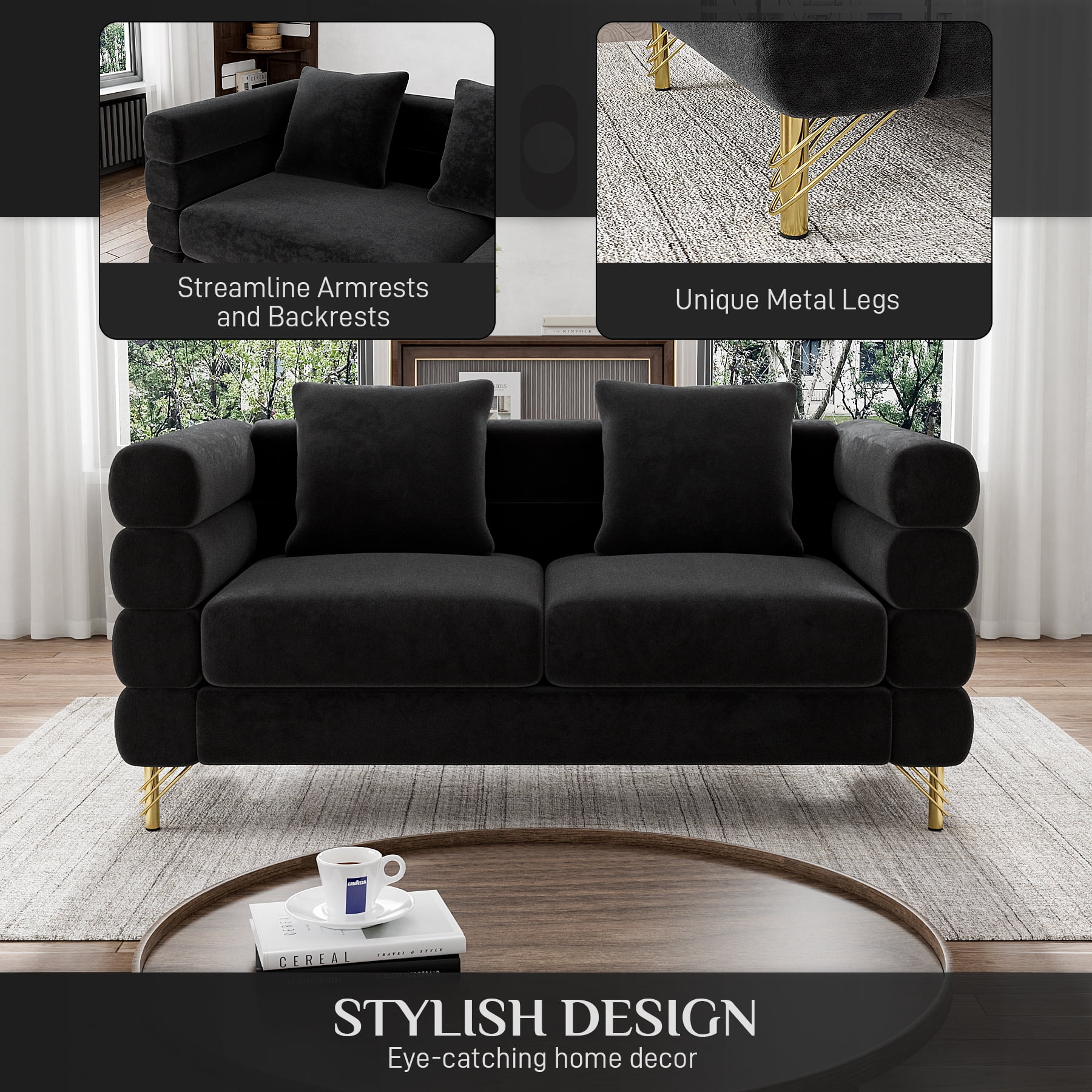 Wiilayok 59" Velvet Cloud Couch, 2 Seater Deep Seat Sofa Couches with Gold Legs,Pillows,Modern Loveseat Sofa for Living Room Bedroom Office Apartment,Black