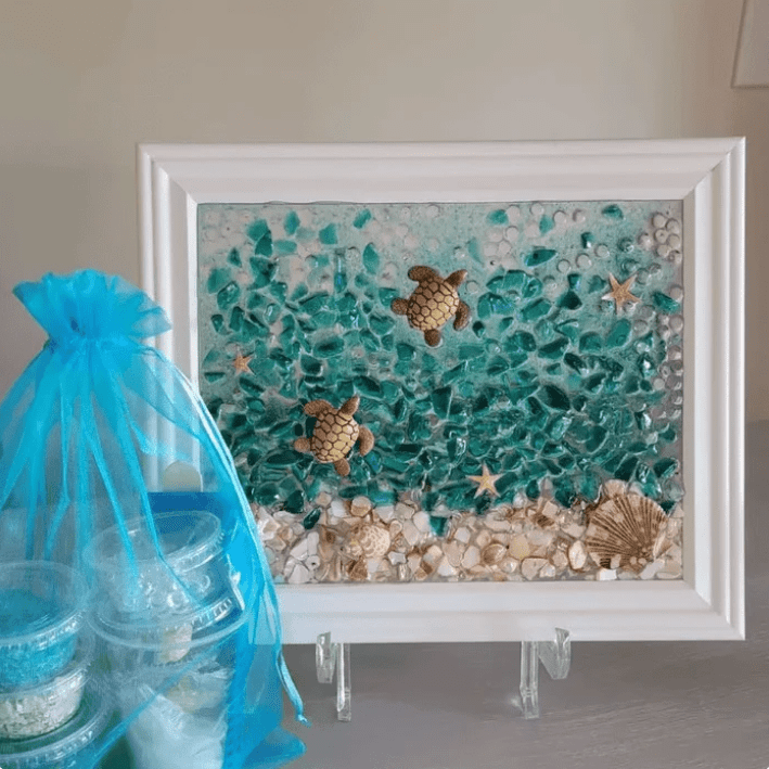 DIY Ocean Resin Art Picture Frame Kit Sea Glass and Natural Shell Mosaic Craft Set with Wooden Frame Mixed Media Marine Painting Supplies for Adults Teens Beach Themed Souvenir Gift Sea Turtle