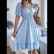 thumbnail image 4 of Vestido Corto Bohemio de Verano para Mujer, con Escote Cuadrado, Mangas Abullonadas, Hombros Descubiertos, Fruncido, Informal, de Corte A, con . Azul L, 4 of 10