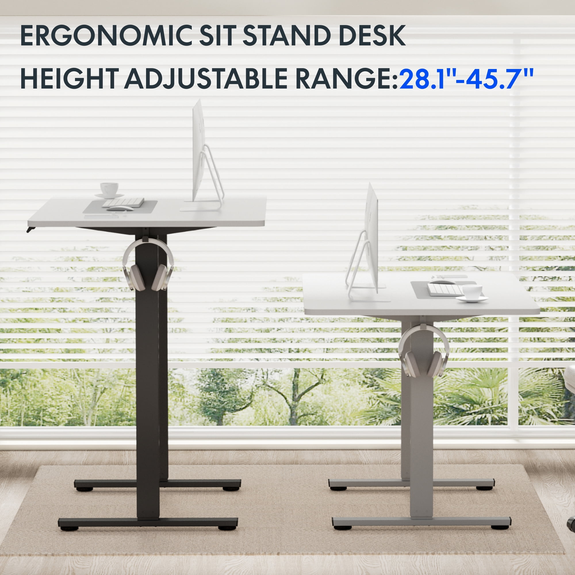 FLEXISPOT 48"x30" Home Office Height Adjustable Standing Desk with Hooks, Ergonomic Electric 2-Stage Stand Up Computer Desk, Gray and White