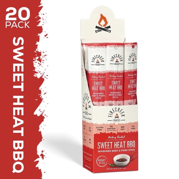 FireCreek Snacks Sweet Heat BBQ Sticks, High Protein Meat Stick Snack, Gluten Free (Box of 20 - 1oz Ea)