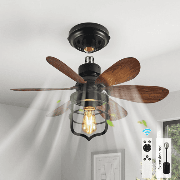 Garwarm Socket Fan Light with Remote, E26 Base 20" Small Ceiling Fans with Lights, 3 Color Dimmable and 3 Speeds Fan Light Bulb Screw in Black Ceiling Fans for Bedroom