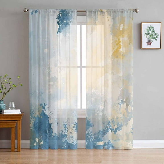 Blue Yellow Sheer Curtains 63 Inches Length 2 Panels Set, Window Sheer Curtains for Living Room/Bedroom, Modern Vintage Oil Painting Abstract Light Filtering Rod Pocket Curtain 52'' x 63'' x 2