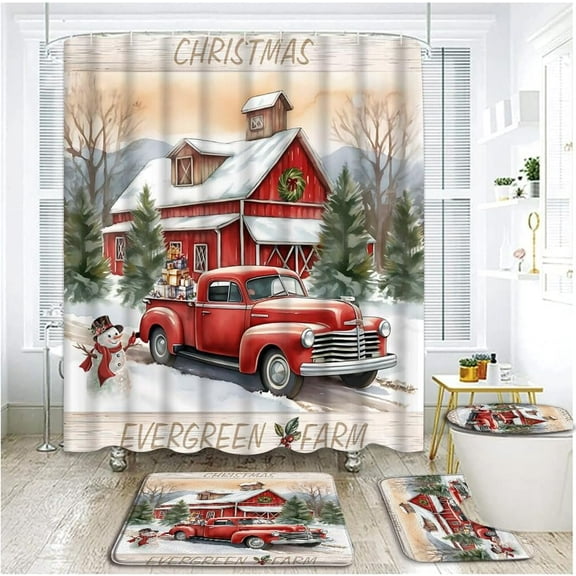 4 Piece Rustic Christmas Red Truck Shower Curtain Set with Rugs, Toilet Lid Cover ,Vintage Farmhouse Xmas Pine Tree Forest Snowflake Snowman Winter Holiday Cartoon Bathroom Shower Curtain with Hooks
