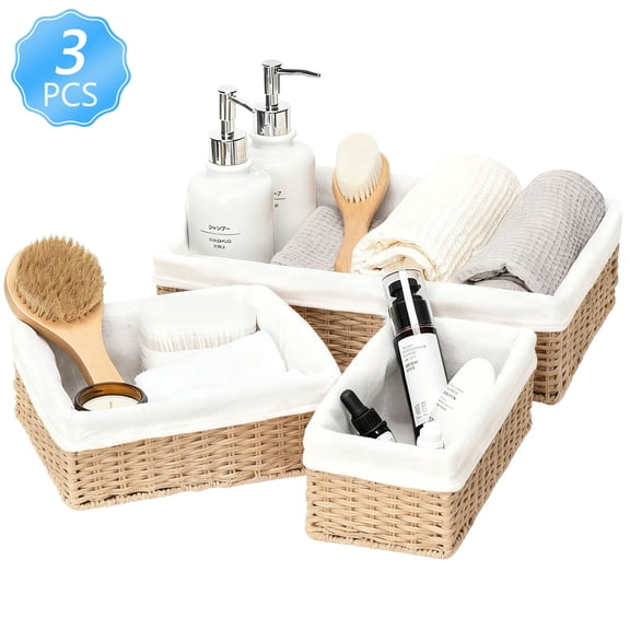 Tripumer 3Pcs Rectangular Wicker Storage Baskets with White Lining, Multi-Purpose Organizers for Home Bathroom Kitchen