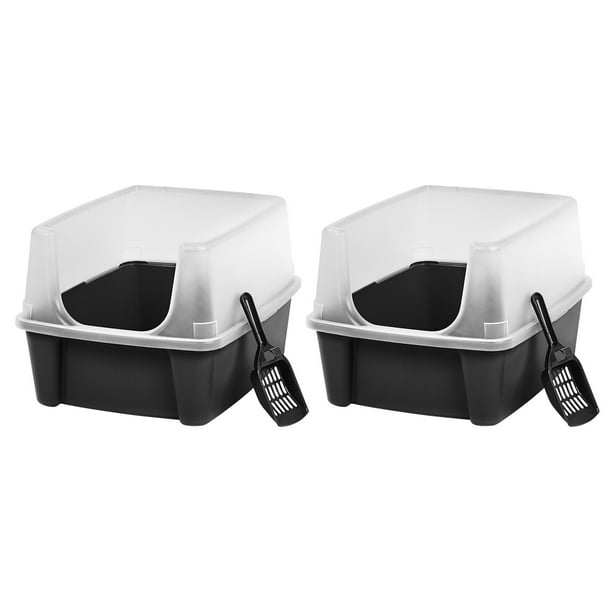 IRIS USA, OpenTop Cat Litter Box with Shield and Scoop, Black, 2 Pack
