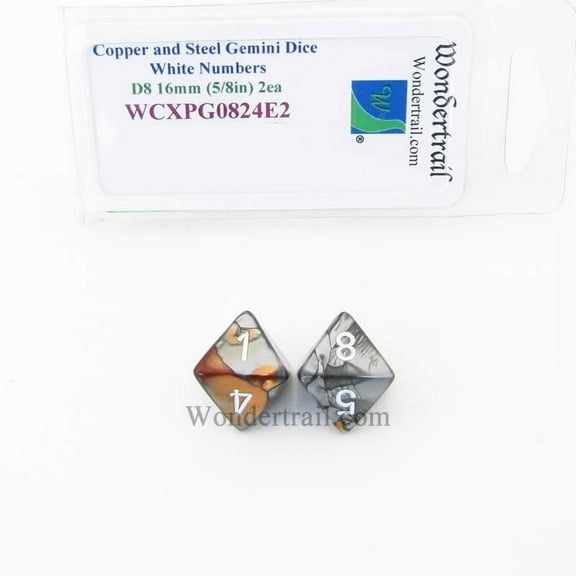 Copper and Steel Gemini Dice with White Numbers D8 Aprox 16mm (5/8in) Pack of 2 Wondertrail