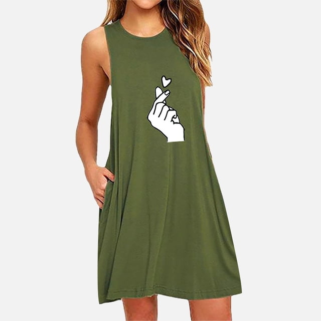 TopLLC Robe Sans Manches Col Rond Mode Femmes Poche Imprimée Robe de Nuit Décontractée Robes Femmes