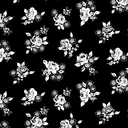Conversational White Flowers on Black Fabric, per Yard