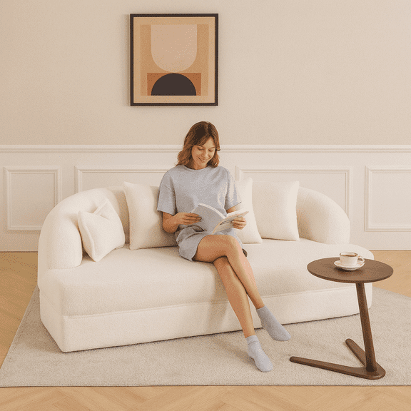 2-in-1 Foldable Sofa Bed,70 Inch Folding Boneless Couch Convertible Compressed Sleeper Sofabed, 4 Pillows for Living Room Apartment, Milk White