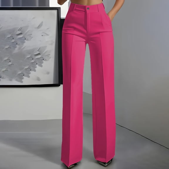 Womens Pants High Waist Hanging Straight Wide Leg Solid Plus Size Suit Pants with Pockets Hot Pink L