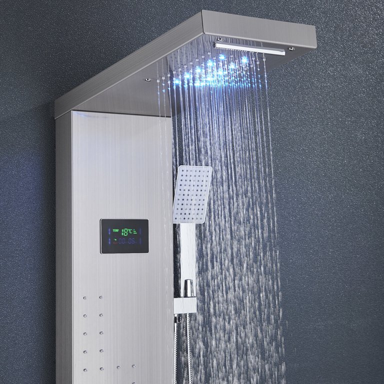 CES Shower Panel Tower System Stainless Steel 5-Function Faucet LED  Rainfall Waterfall Shower Head,Wall Mount Shower Column, Hydroelectricity  Display Rain Massage with Jets, Brushed Nickel 