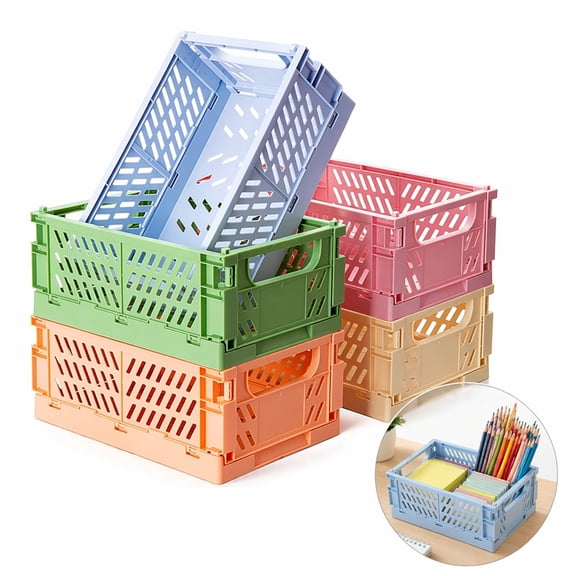 NOGIS 5-Pack Collapsible Plastic Storage Baskets for Organizing with Handle, Crate Bin for Desk Bedroom Office Bedroom, 5.9InL x 3.9InW x 2.2InH, Multicolor, 5 Pack