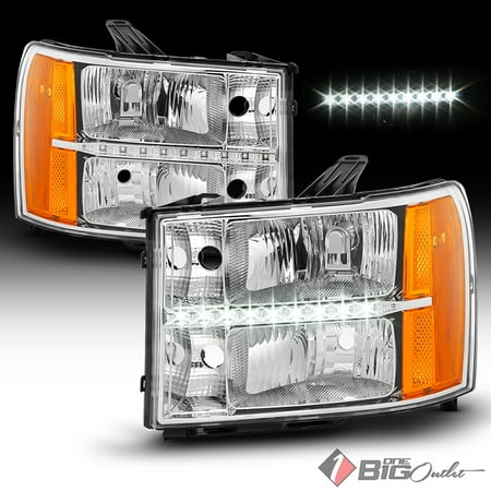 Chrome Strip - 2007-2013 GMC Sierra Chrome Housing Headlights w/ LED DRL Strip Pair L+R 2008 2009 2010 2011 2012