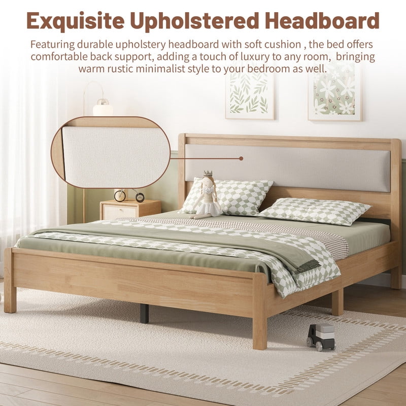 Queen Size Wooden Bed Frame with Upholstered Headboard, Low Profile Platform Bed with Central Support Legs
