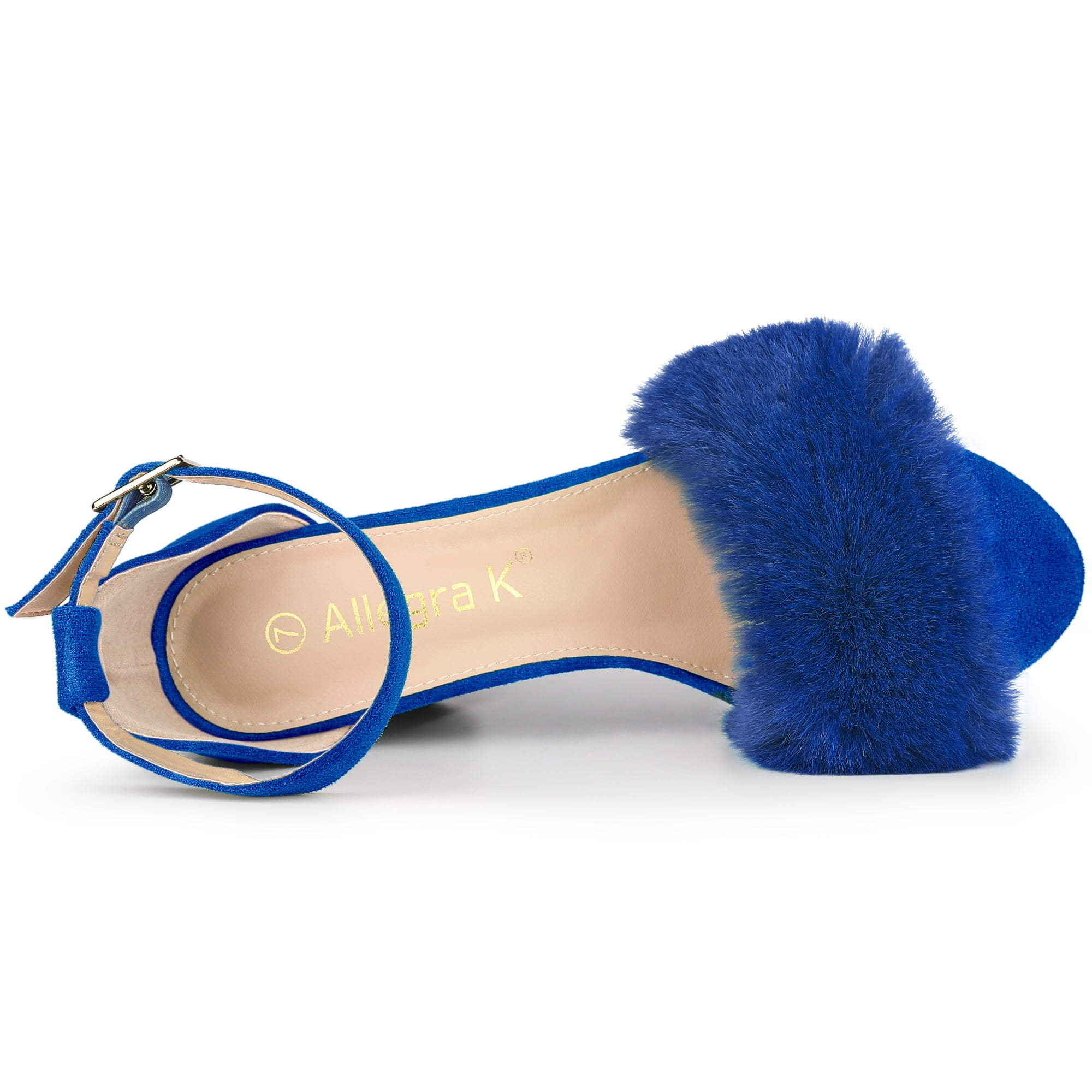 DARING DIVA Women's Ankle Strap Faux Fur Block Heels Beige Sandals for Wear Blue 6