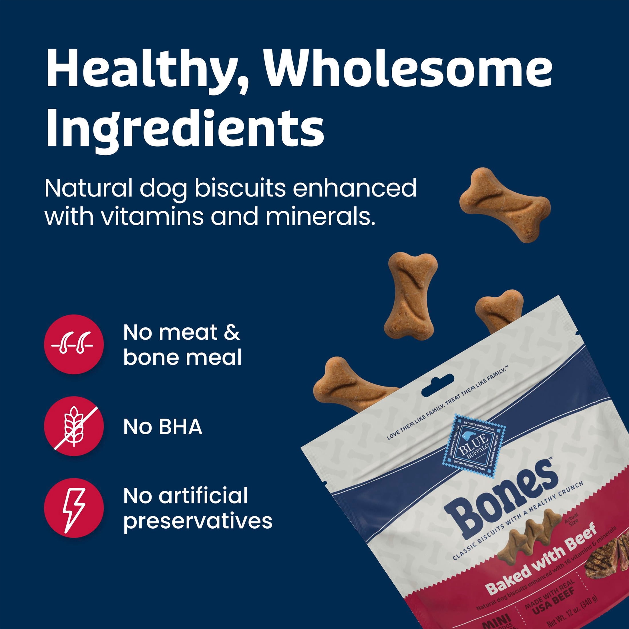 Blue Buffalo Bones Natural Crunchy Biscuits Mini Beef Dog Treats, 12-oz Bag