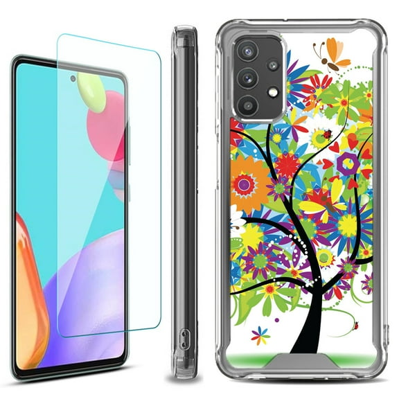 Shockproof Bumper Phone Case for Samsung Galaxy A53 5G, with Tempered Glass Screen Protector, by OneToughShield ® - Colorful Tree