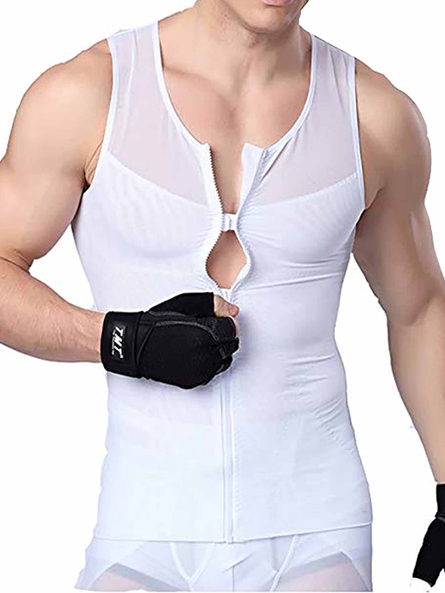 Mens Slimming Body Shaper Chest Compression Undershirt Abs Tank Top Shapewear Vest with Zipper White 