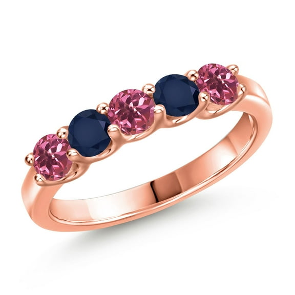 Gem Stone King 18K Rose Gold Plated Silver Pink Tourmaline and Blue Sapphire Wedding-Bands Ring for Women | 0.89 Cttw | Round 3.5MM | Gemstone October Birthstone | Size 8