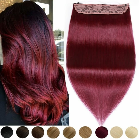 Benehair Wire In 100% Remy Human Hair Extensions Thick Hidden Headband One Piece No Clip Woman Soft Remy Hair 22inch 120g Wine Red