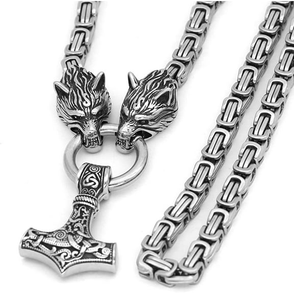 Men Stainless Steel Wolf Head Norse Viking Amulet Thor Necklace King Chain