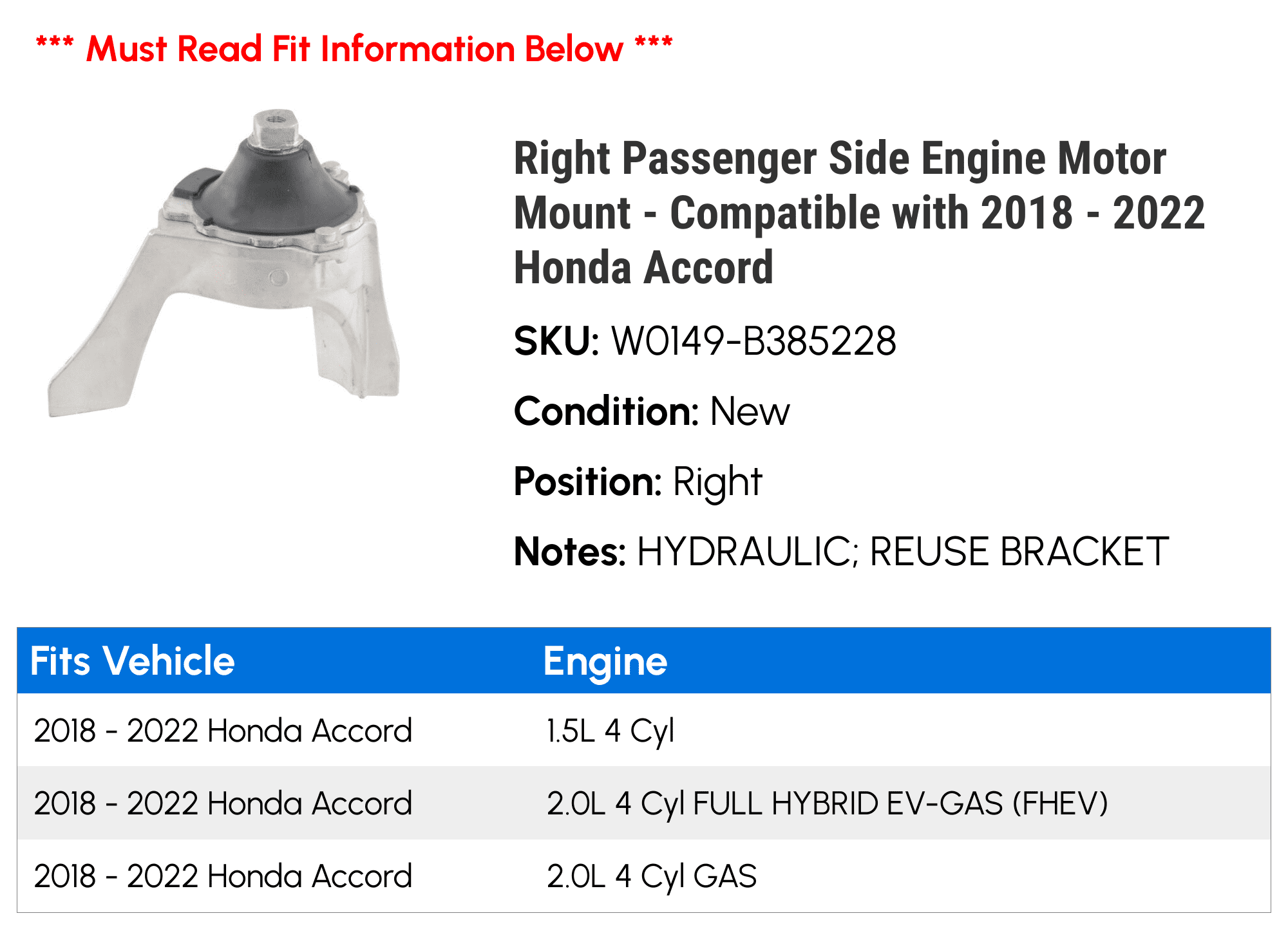 Right Passenger Side Engine Motor Mount - Compatible with 2018 - 2022 Honda Accord 2019 2020 2021