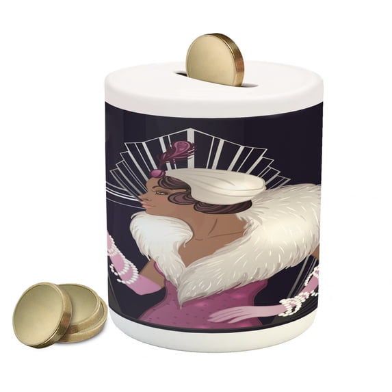 Old Hollywood Piggy Bank, 1920s Style Lady with Fur Collar and Bracelets Holding a Wine Glass Print, Ceramic Coin Bank Money Box for Cash Saving, 3.6" X 3.2", Multicolor, by Ambesonne