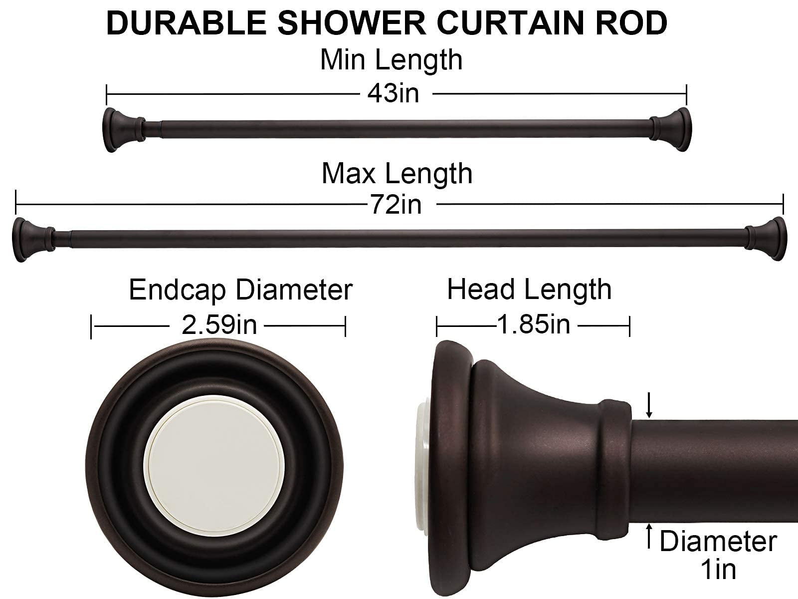 BloomFlower Bronze Shower Curtain Rod, 43-72 inches, Bronze,Never Rust , Metal Rod,Tension Rod with Spring