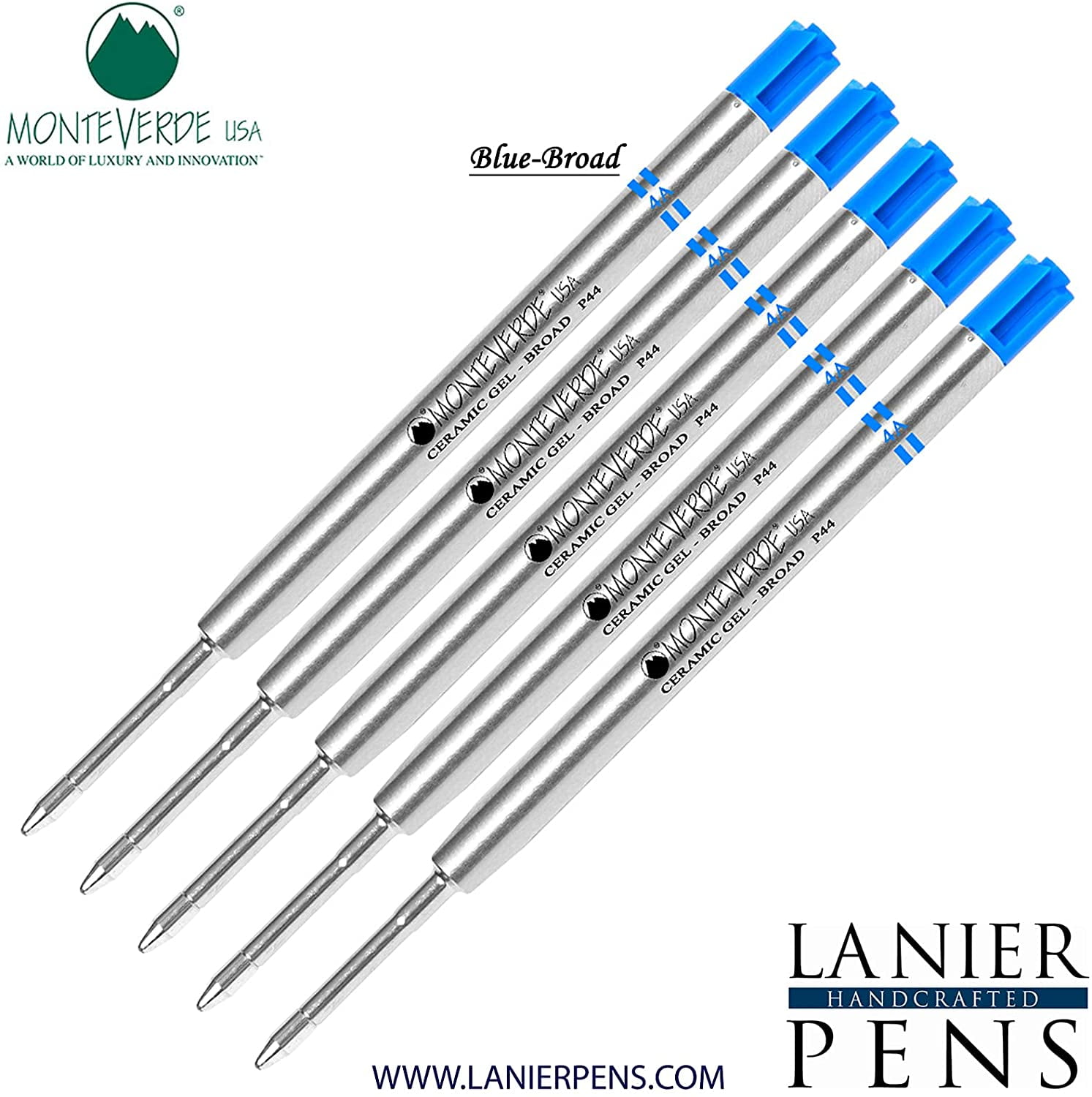 Lanier Combo Pack - 5 Pack - Monteverde Capless Ceramic Gel P44 Ink Refill Compatible with most Parker Style Ballpoint Pens - Blue (Broad Tip 0.9mm)