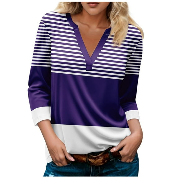Fancifize Womens Casual V Neck Plaid Shirts Color Block 3/4 Sleeve Dressy Tunic Tops Loose Fit Fall Blouses Outfit Clothes