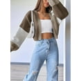 thumbnail image 5 of Women'S Color Block Open Front Long Sleeve Ribbed Knit Cropped Cardigan Sweaters Brown XXXL, 5 of 8