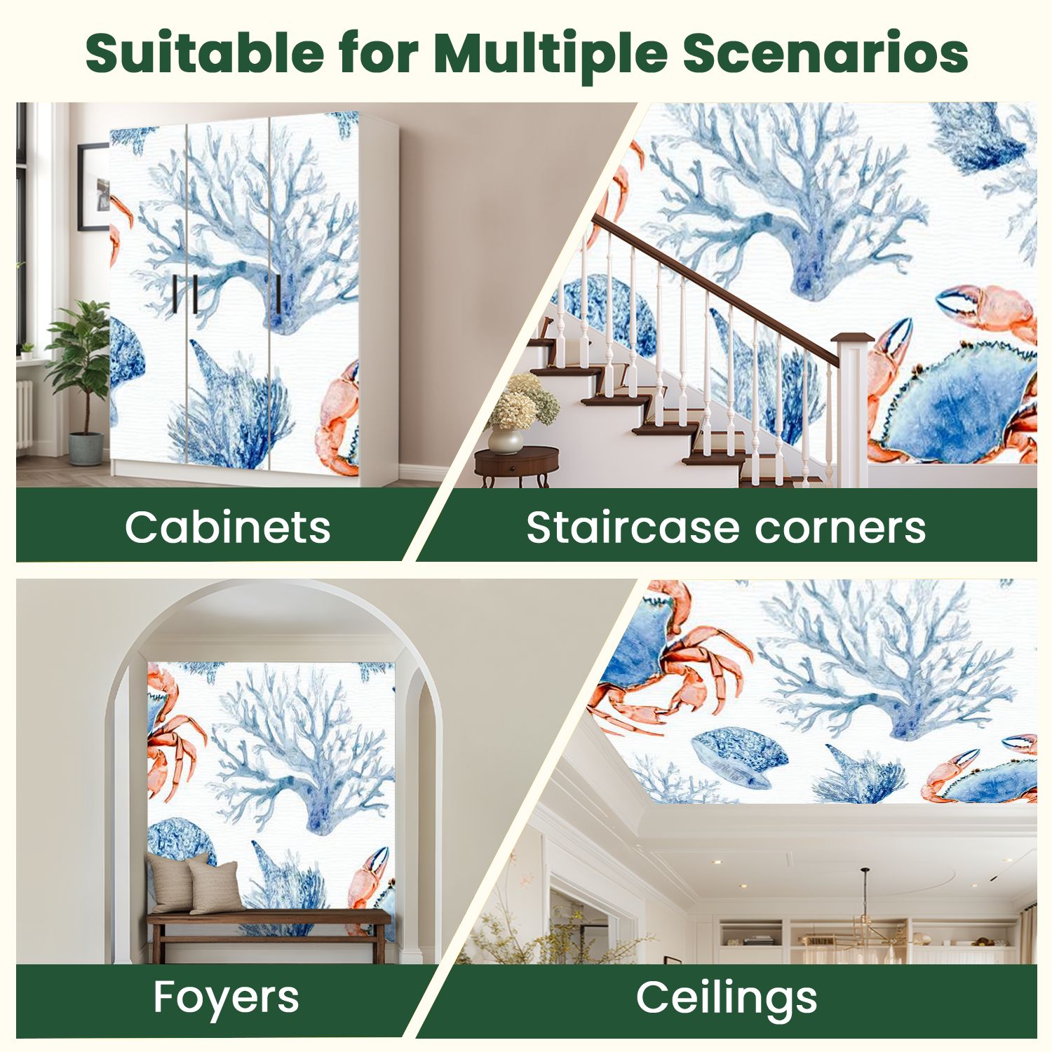 Peel and Stick Wallpaper sea blue crabs corals watercolor hand nautical style Modern Art Wall Mural Decor Self Adhesive and Removable 100in x 144in