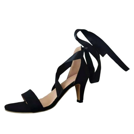 

CLZOUD Wide Width Wedge Sandals Black Women s Summer Fashion Solid Colour Ribbon Straps Elegant Thick with Large Size High Heels Sandals 42