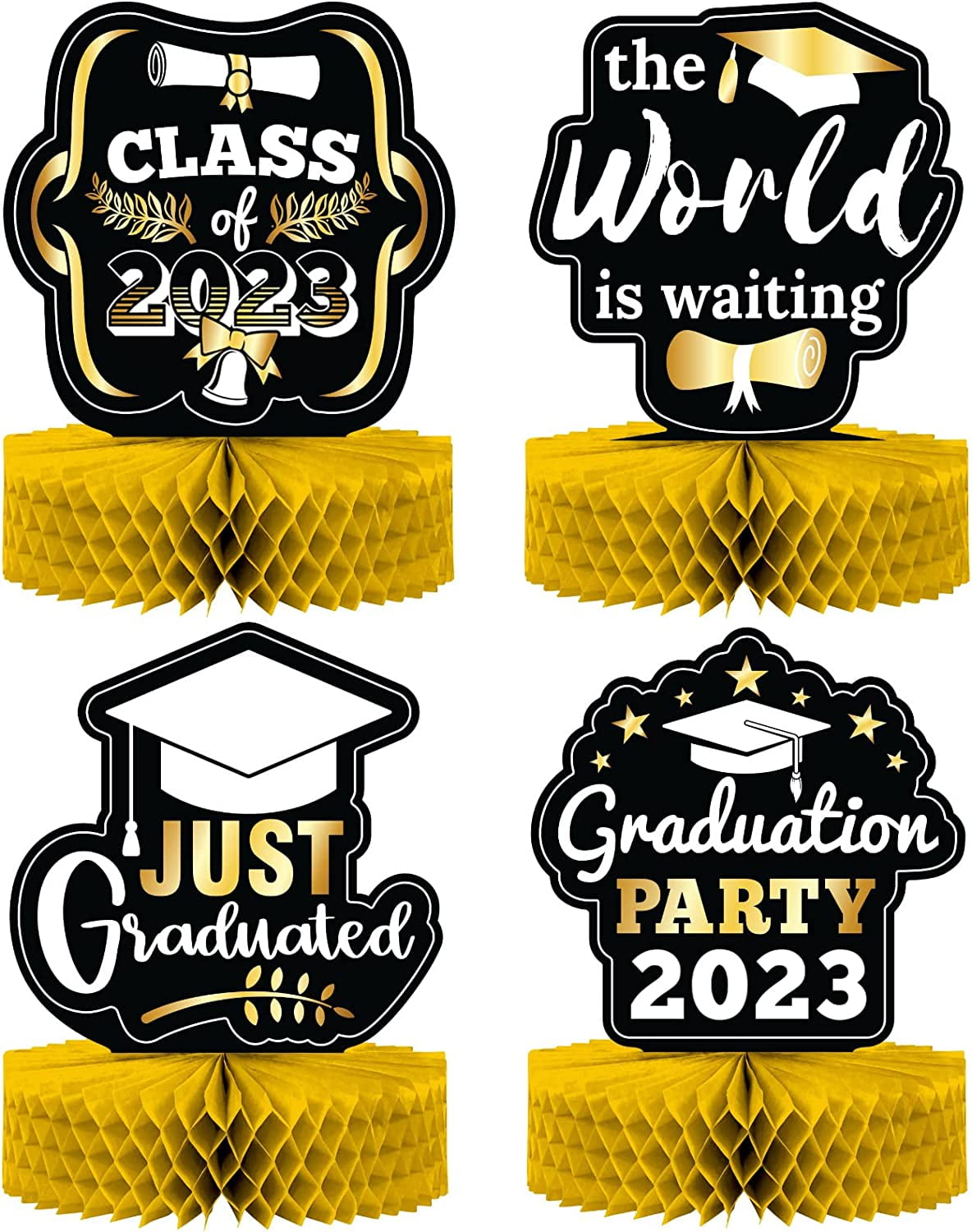 Elegant Black and Gold Graduation Centerpieces 4pcs Double Sided