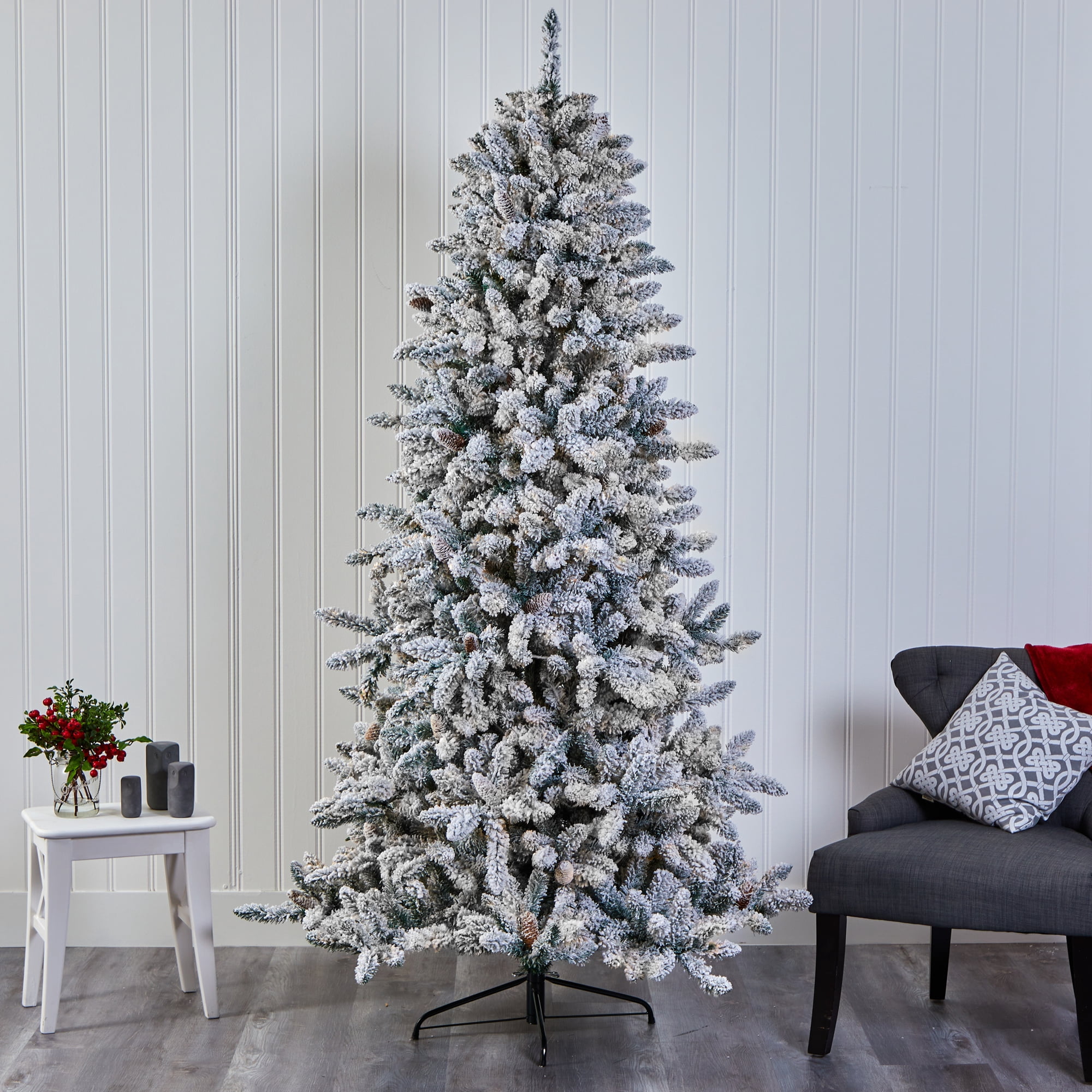 Nearly Natural 7.5ft. Flocked Livingston Fir Artificial Christmas Tree with Pine Cones, Green