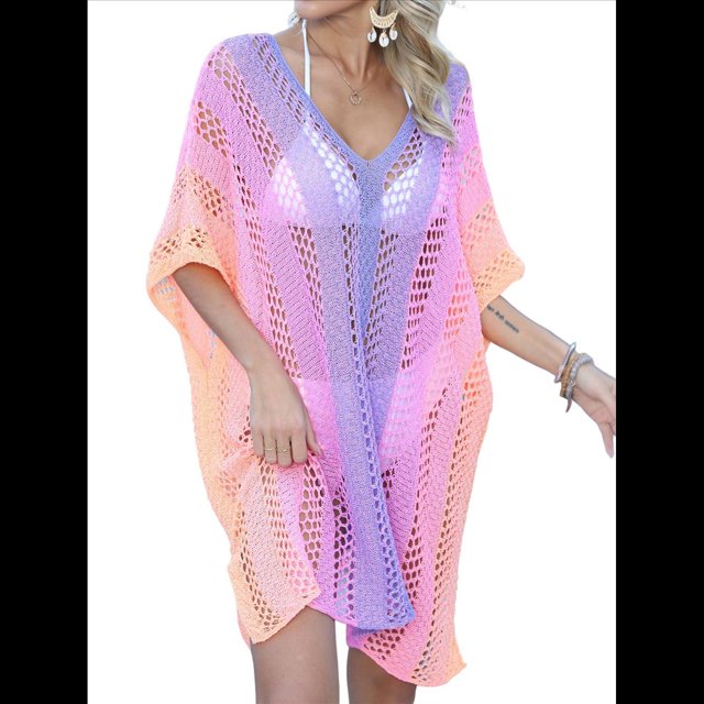 Vestido Corto de Crochet para Mujer, Elegante Vestido y de Verano, Informal y Calado. Rosa Púrpura Talla Única