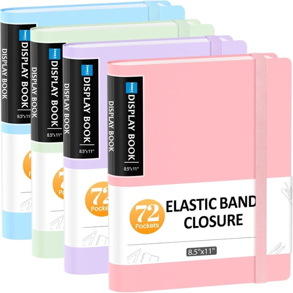 4 Pack 72 Pocket Binder with Plastic Sleeves & Elastic Band, Large Capacity 8.5x11 Presentation Book Display 144 Pages, Art Portfolio Document Folder with Clear Sheet Protectors