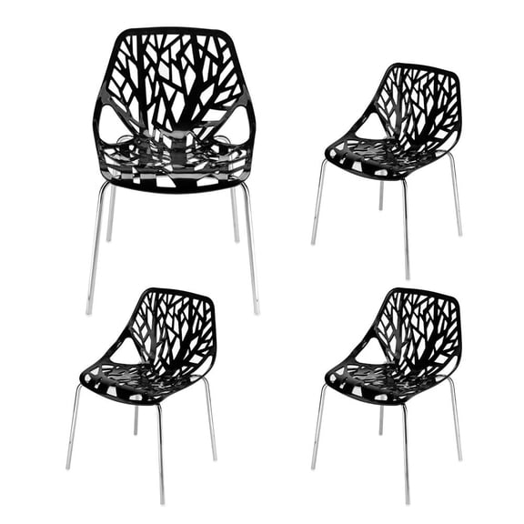 Modern Stackable Dining Chairs Set of 4, Black Plastic Seats with Chrome Metal Base, Ideal for Kitchen, Office, Cafe, Supports 350lbs, Size 21.3”L x 21.3”W x 33.5”H