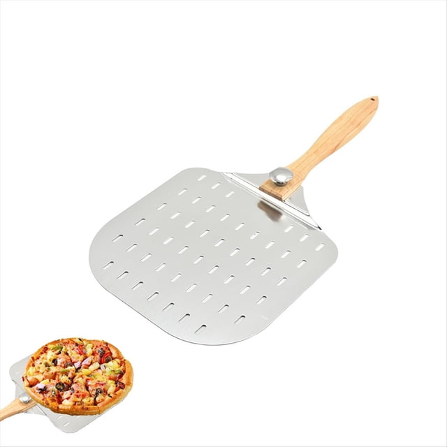 Pala para Pizza Perforada de 30 cm, de Aluminio y Metal, con de Madera para Hornear Pizzas y Panes.
