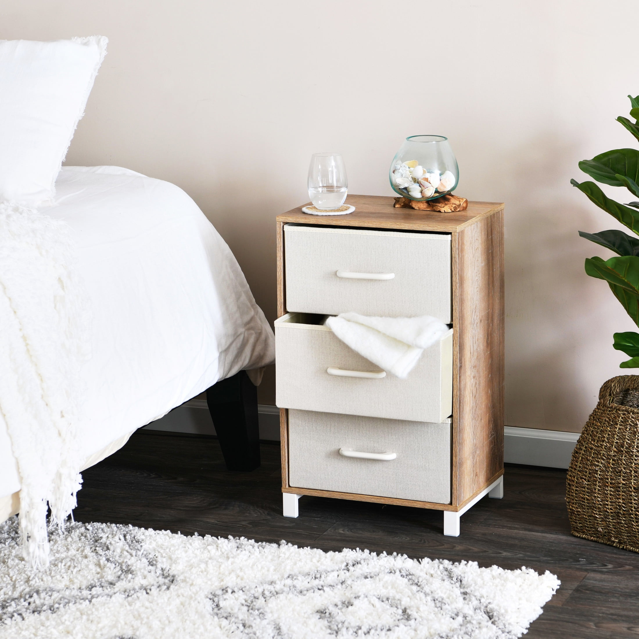 Household Essentials Dresser Nightstand Chest of Drawers Coastal Oak Rustic Wood Grain with 3 Beige Strorage Drawers