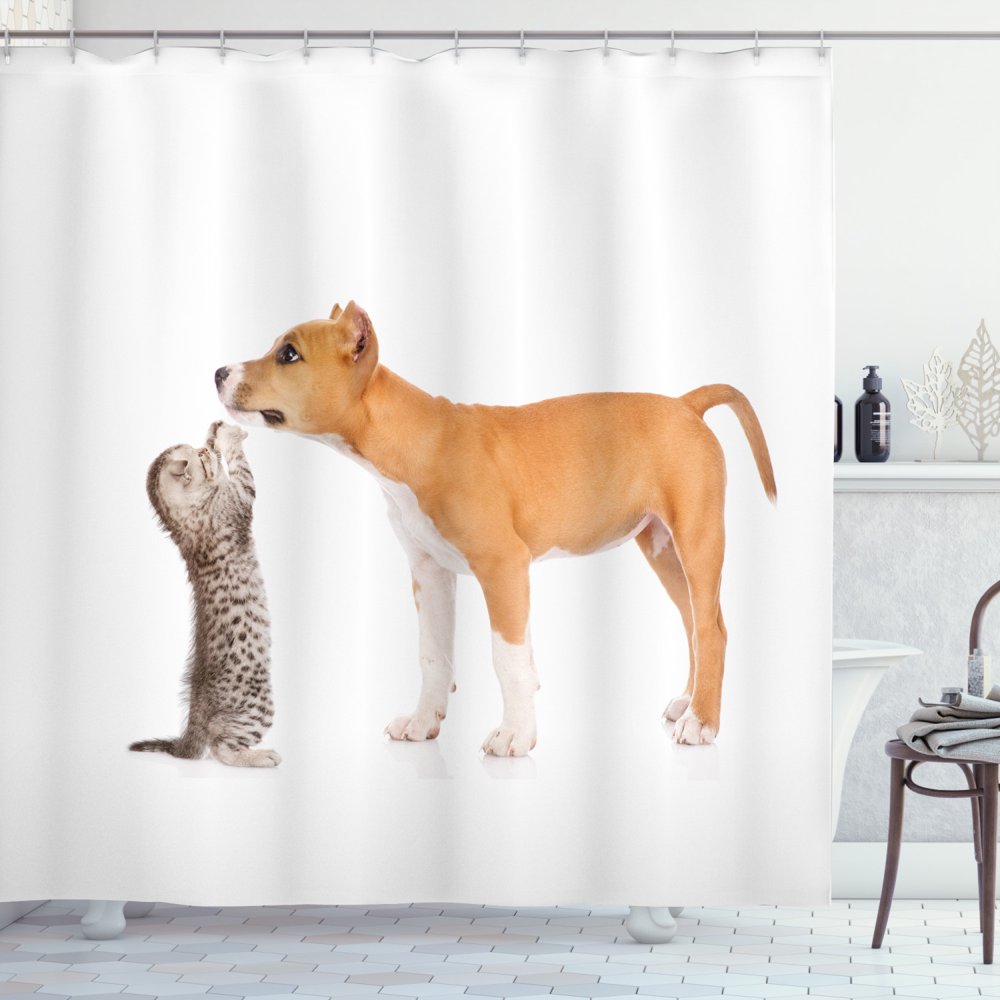 Dog Shower Curtain, Kitten Playing with Stafford Puppy Animal